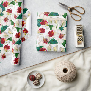 Watercolor Red And White Summer tropical Blooms Wrapping Paper