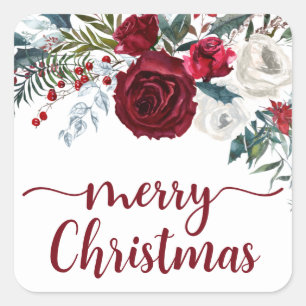Watercolor Red and White Winter Flowers Christmas Square Sticker