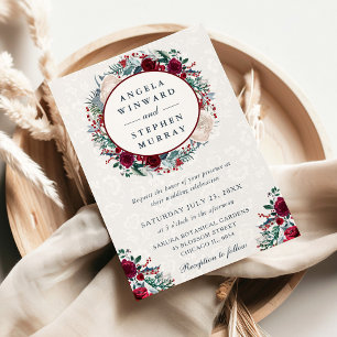 Watercolor Red and White Winter Wreath Wedding Invitation