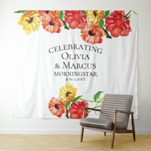 Watercolor Red and Yellow Floral  Photo Backdrop Tapestry