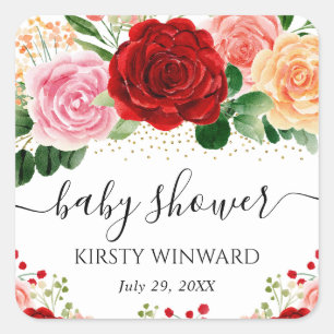 Watercolor Red and Yellow Roses Baby Shower Square Sticker