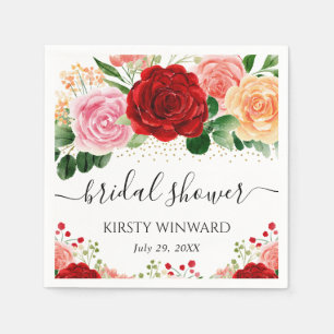 Watercolor Red and Yellow Roses Bridal Shower Napkin