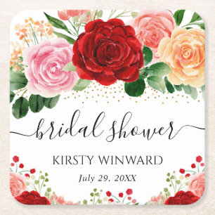 Watercolor Red and Yellow Roses Bridal Shower Square Paper Coaster