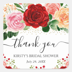 Watercolor Red and Yellow Roses Bridal Shower Square Sticker
