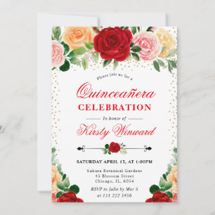 Watercolor Red and Yellow Roses Quinceanera Invitation