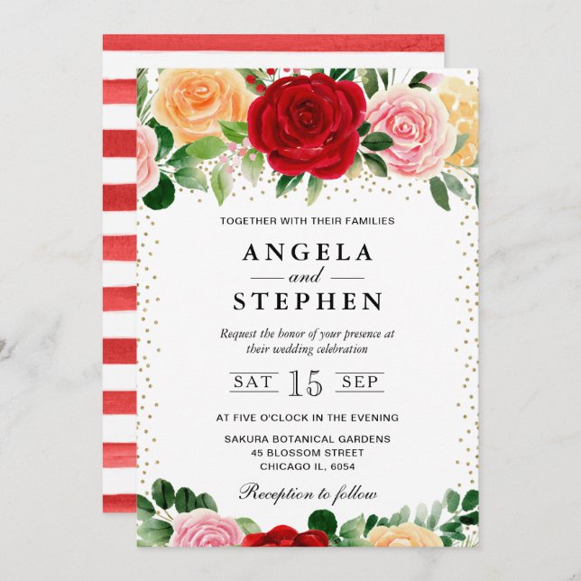 Watercolor Red and Yellow Roses Wedding Invitation (Front/Back)