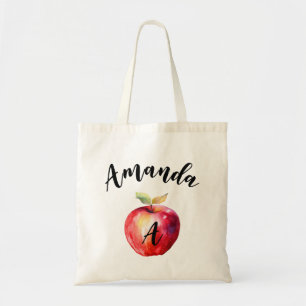 Watercolor Red Apple Curved Name Monogramed Tote Bag