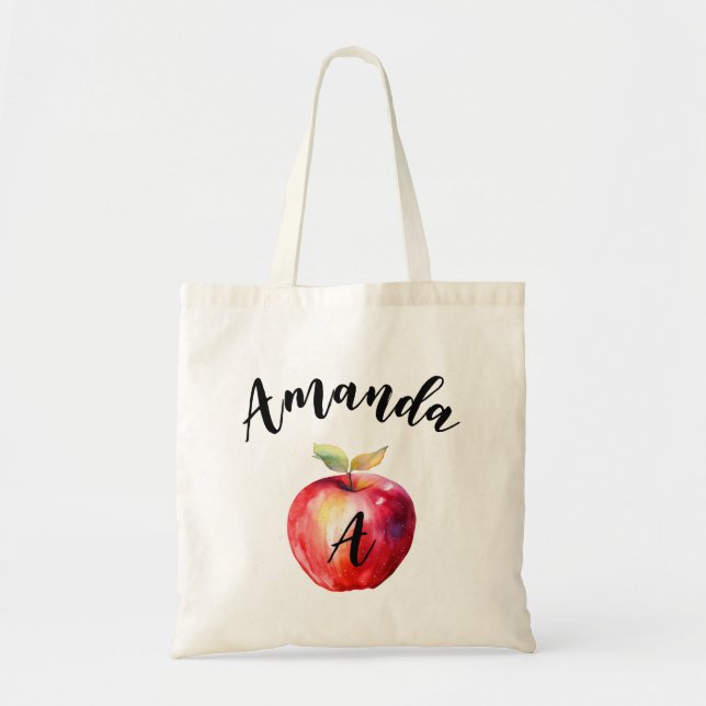 Watercolor Red Apple Curved Name Monogramed Tote Bag (Front)