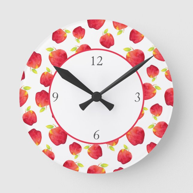 Watercolor Red Apple Pattern   Round Clock (Front)