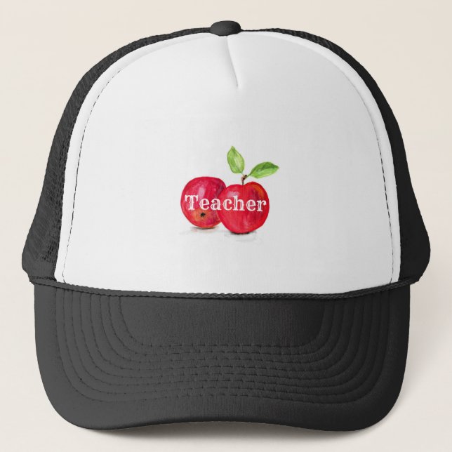 Watercolor Red Apples Teacher Education Fruit Trucker Hat (Front)
