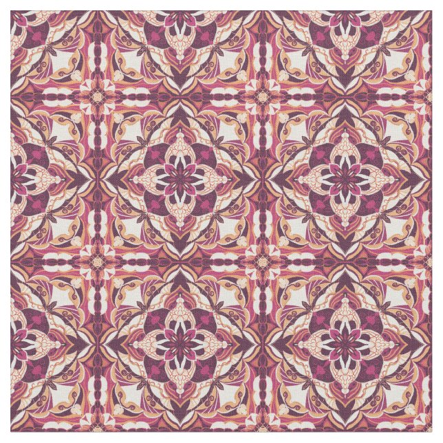 Watercolor Red Azulejo Spanish Tile Fabric (Close Up)