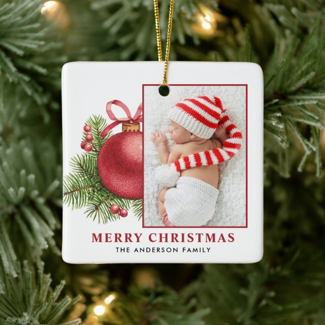 Watercolor Red Ball Bauble Photo Christmas Ceramic Ornament (Tree)