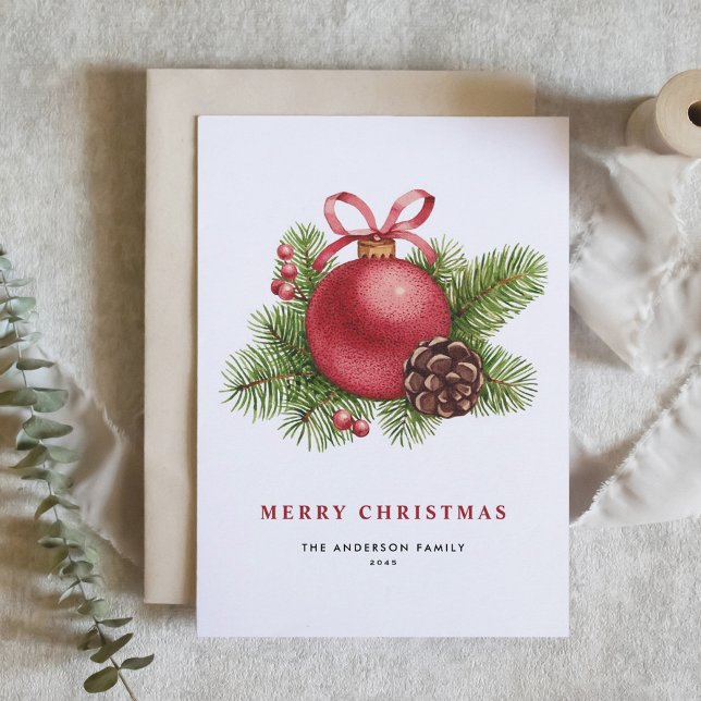 Watercolor Red Ball Ornament Merry Christmas Holiday Card (Creator Uploaded)