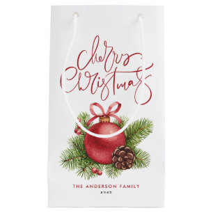 Watercolor Red Ball Ornament Merry Christmas Small Gift Bag