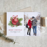 Watercolor Red Ball Ornament Photo Christmas Holiday Card<br><div class="desc">Merry Christmas | Send holiday greetings to family and friends with this customisable Christmas card. It features a festive watercolor red ball ornament with winterberries,  pinecones and pine needles. Personalise by adding your details. This photo Christmas card is available in other cardstock. Matching items are available.</div>