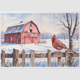 Watercolor Red Barn and Cardinal Winter Decoupage Tissue Paper