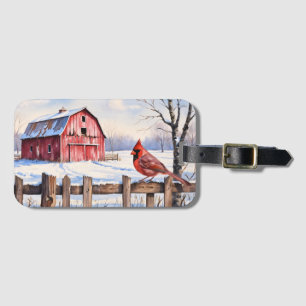 Watercolor Red Barn and Cardinal Winter Luggage Tag