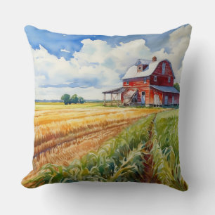 Watercolor Red Barn and Corn Field Cushion