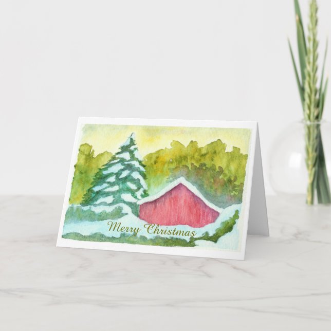 Watercolor Red Barn Winter Snow Merry Christmas Holiday Card (Front)
