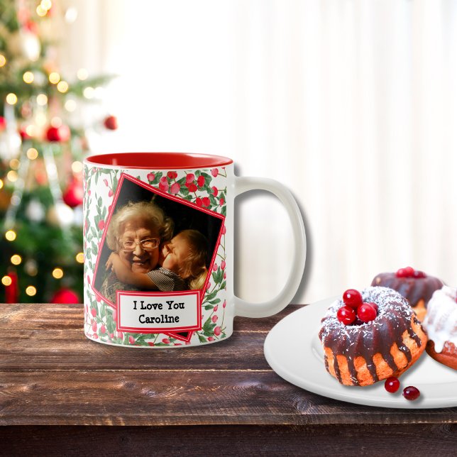 Watercolor Red Berries Grandma Photo Holiday Mug (Creator Uploaded)