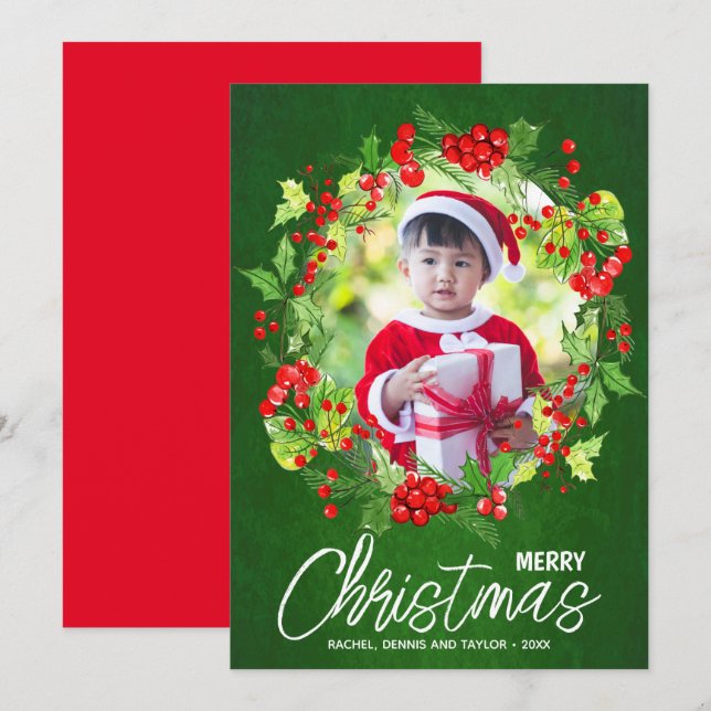 Watercolor Red Berries Greenery Christmas Photo Holiday Card (Front/Back)