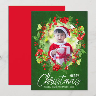 Watercolor Red Berries Greenery Christmas Photo Holiday Card