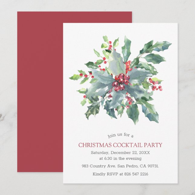 Watercolor Red Berries Holly Christmas Party Invitation (Front/Back)