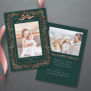 Watercolor Red Berry Frame 2 Photo Green Christmas Holiday Card
