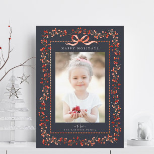 Watercolor Red Berry Frame Photo Navy Christmas Holiday Card