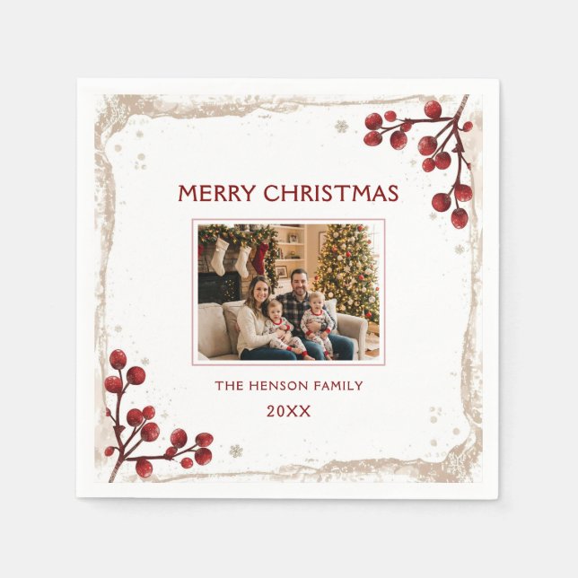 Watercolor Red Berry Winter Wreath Family Photo Napkin (Front)