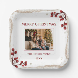 Watercolor Red Berry Winter Wreath Family Photo Paper Plate