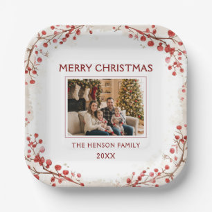 Watercolor Red Berry Winter Wreath Family Photo Paper Plate