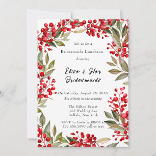 Watercolor Red Berry Wreath Bridesmaids Luncheon Invitation