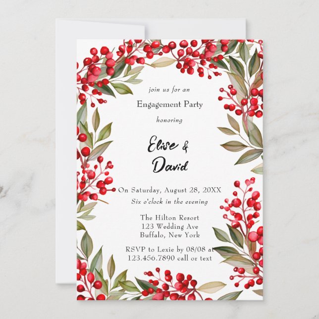 Watercolor Red Berry Wreath Engagement Party Invitation (Front)