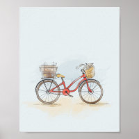 Watercolor Red Bike and Cat