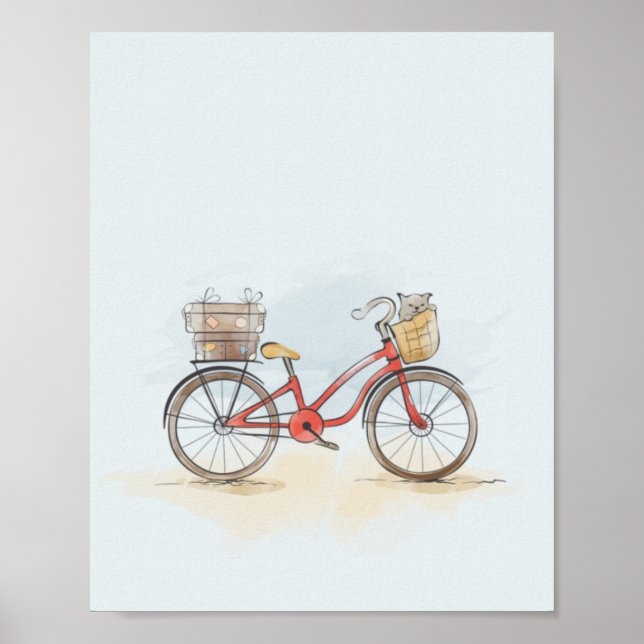 Watercolor Red Bike and Cat Poster (Front)