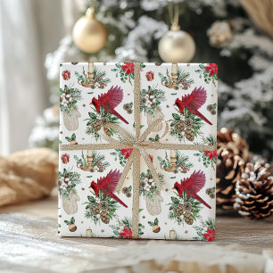 Watercolor Red Bird and Winter Greenery Christmas  Wrapping Paper