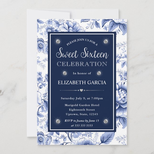 Watercolor Red Blue and Gold Flowers Sweet 16 Invitation (Front)