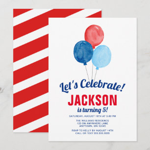 Watercolor Red Blue Balloons Boy Birthday Invitation