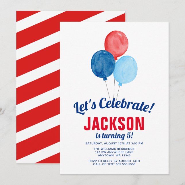 Watercolor Red Blue Balloons Boy Birthday Invitation (Front/Back)