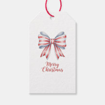 Watercolor Red & Blue Bow Merry Christmas Tag