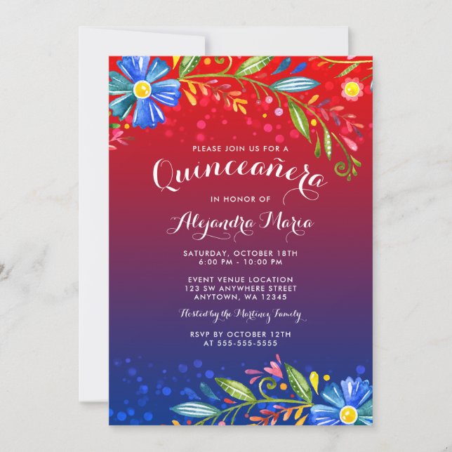 Watercolor Red Blue Floral Fiesta Quinceanera Invitation (Front)