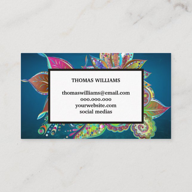 Watercolor red blue floral paisley pattern business card (Back)