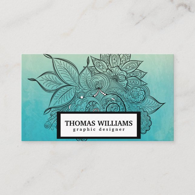 Watercolor red blue floral paisley pattern business card (Front)