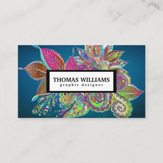 Watercolor red blue floral paisley pattern business card (Front)