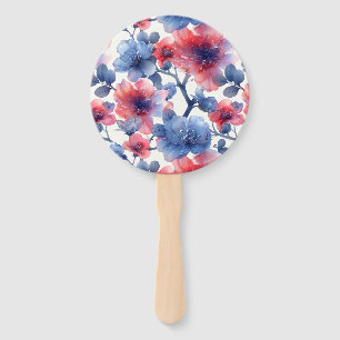 Watercolor red, blue flowers on a white hand fan