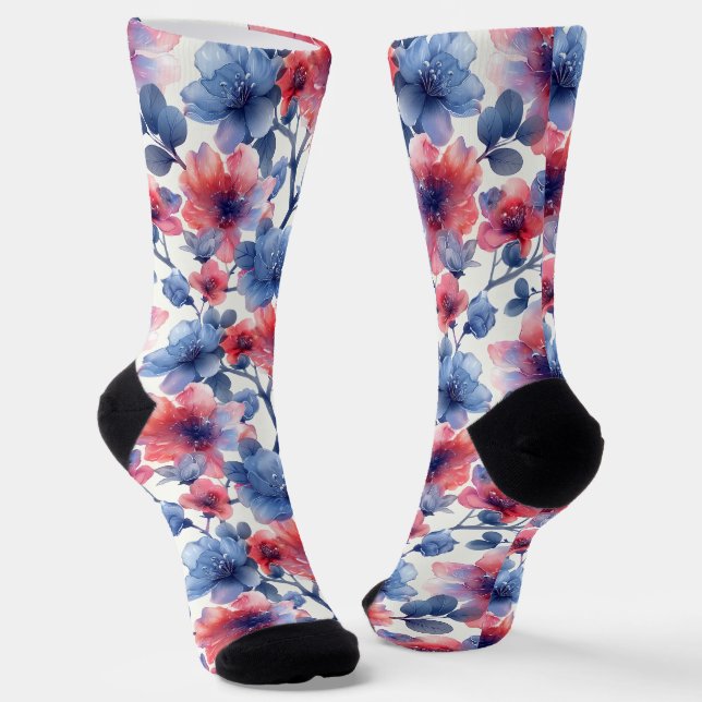 Watercolor red, blue flowers on a white  socks (Angled)