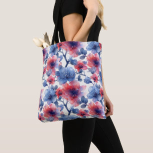 Watercolor red, blue flowers on a white  tote bag