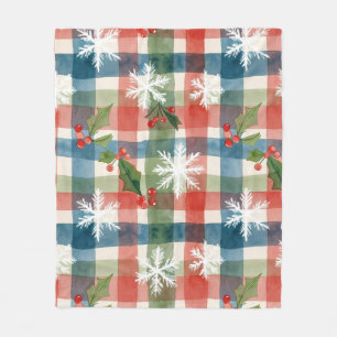 Watercolor Red Blue Green Snowflake Holly Berry Fleece Blanket