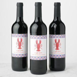 Watercolor Red & Blue Plaid Lobster Gift Enclosure Wine Label